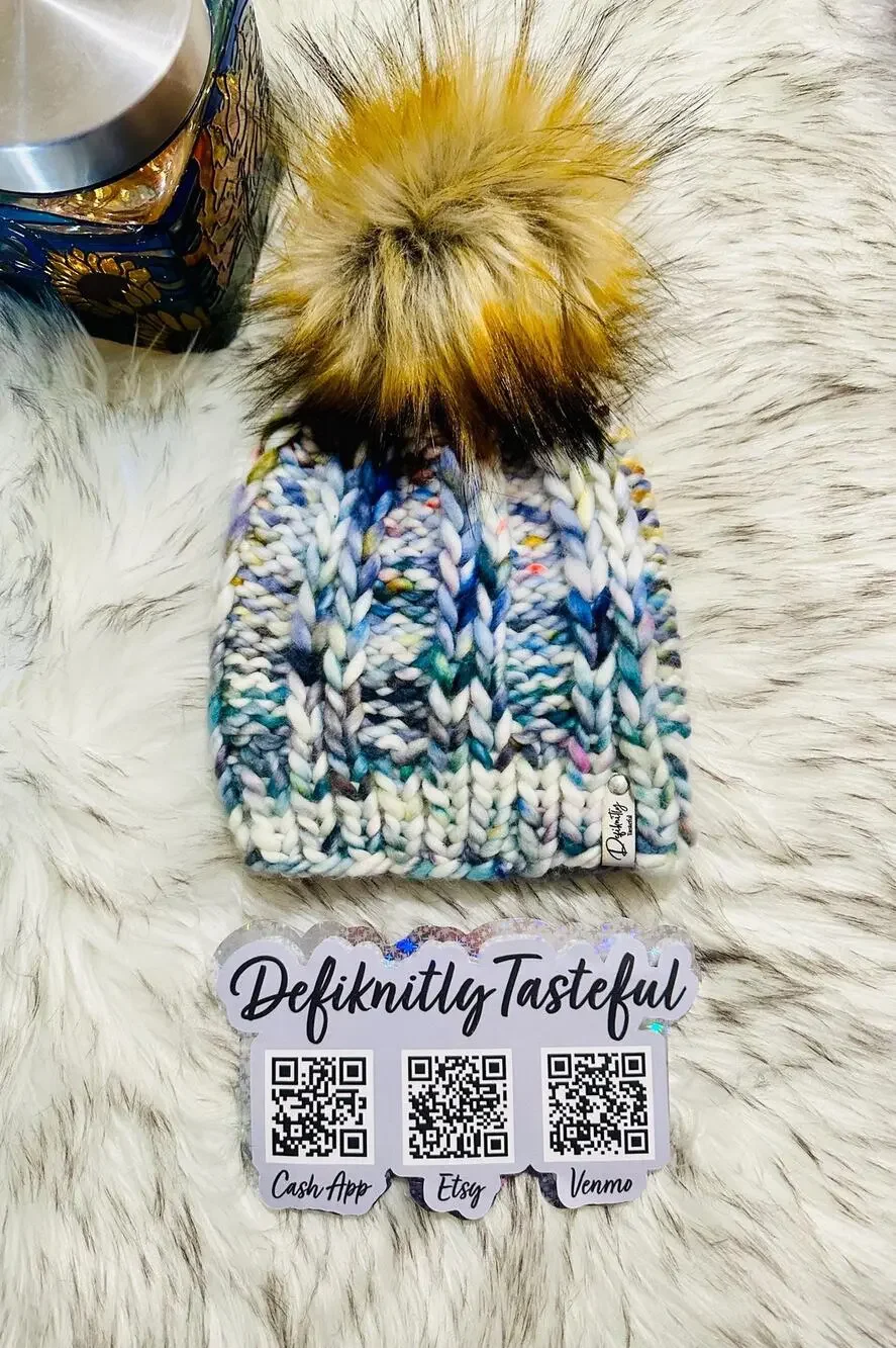 Handmade Scrappy Merino Wool Beanie: Colorful Winter Hat with Faux Fur Pom